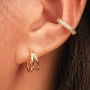 Gold Double Huggie Earrings Small Hoops Thick 18K Gold Huggies For Everyday Wear